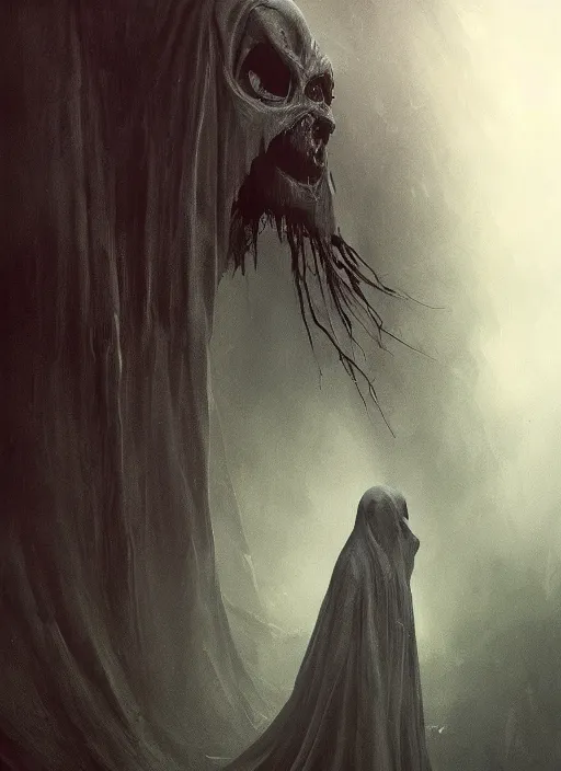 Prompt: dementor. draped in dark sheet. dark colors. menacing. haunting. frightening. extrme close up. trending on artstation. award winning. artgem. greg rutkowski. beksinski. extremely detailed. 4 k.