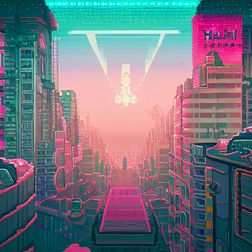 Image similar to pixel art of neonpunk city on a flying platform in clouds