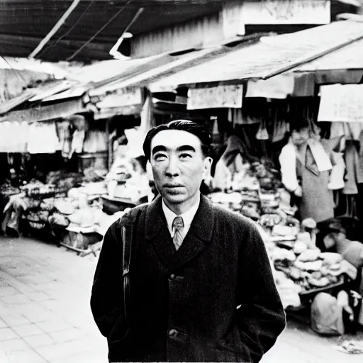 Prompt: a photograph portrait of Zhou Enlai staring at the camera, he is in a crowded open market, Kodak film