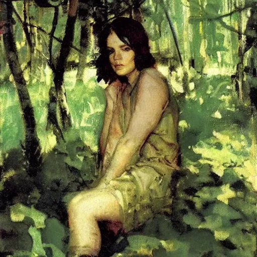 Image similar to young girl lost in a forest, by dean cornwell,