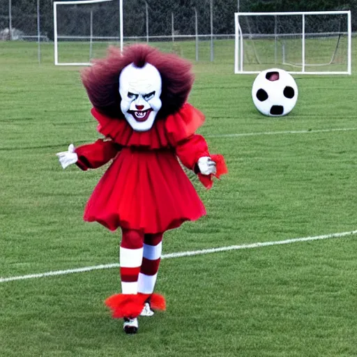 Image similar to Pennywise the clown coaching a girls' soccer team.