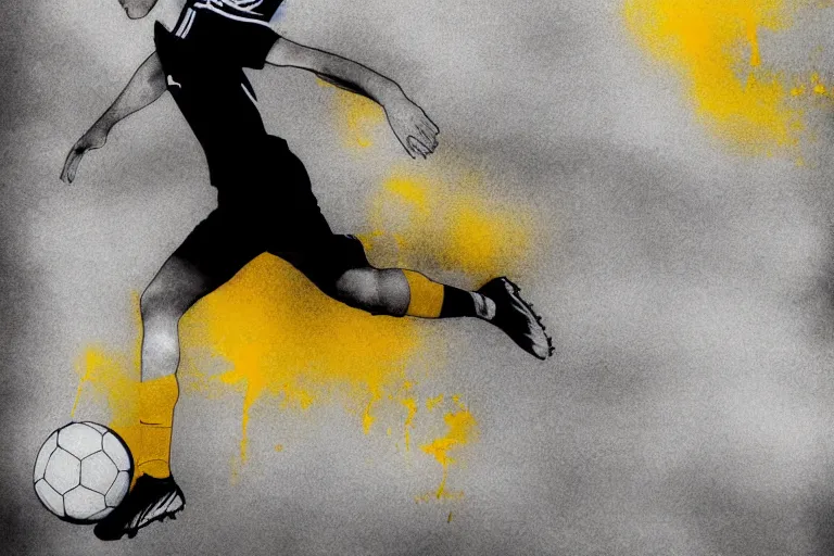 Prompt: beautiful serene amateur soccer player, healing through motion, life, minimalistic golden and ink airbrush painting on white background