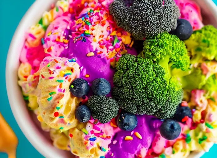 Image similar to food photo still of soft serve swirled frozen yogurt topped with broccoli and rainbow sprinkles, 8 5 mm f 1. 8 studio lighting