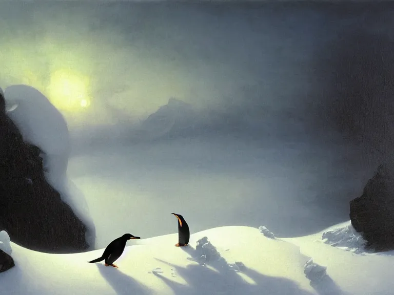 Image similar to an oil painting of a penguin playing in pure white snow on a misty glacier at dusk. aurora. by tuomas korpi moebius and carl spitzweg. baroque elements. intricate artwork by caravaggio. oil painting. oil on canvas. award winning. dramatic. trending on artstation. 8 k