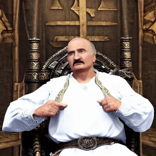 Image similar to Alexander Lukashenko as a Jarl in The Elder Scrolls V: Skyrim sitting on his throne in a slumped pose