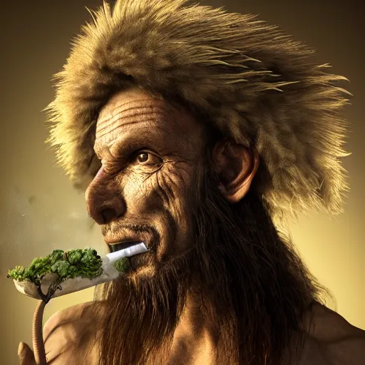 Image similar to realistic photo portrait of a prehistoric man smoking weed, volumetric lights, trending on artstation, studio photo, intricate details, highly detailed