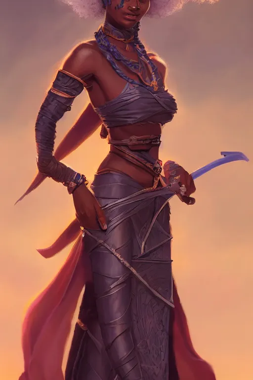 Image similar to beautiful ninja african princess with an afro. wearing cloak, medieval body armor, artgerm, trending on artstation, d & d character concept art, inspired by brom, standing in the streets of waterdeep, bokeh