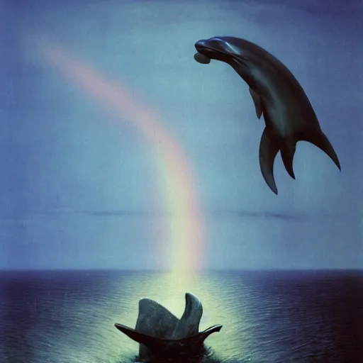 Prompt: the grim reaper on the back of a dolphin that is jumping over a rainbow, by zdzislaw beksinski,