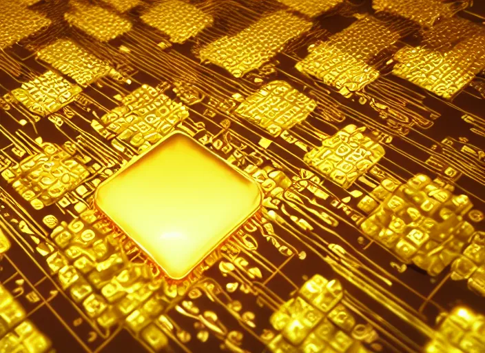 Prompt: Magic golden square computer chip with a glowing flat crystal embedded in the center, mana flowing around it, product photo, hyperrealism, trending on artstation, unreal engine 5 render