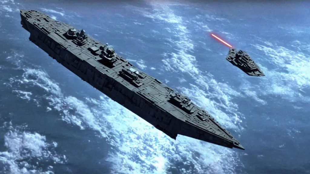 Image similar to Star wars destroyer floating above earth preparing to launch an attack, film still from the movie directed by Denis Villeneuve with art direction by Salvador Dalí, wide lens