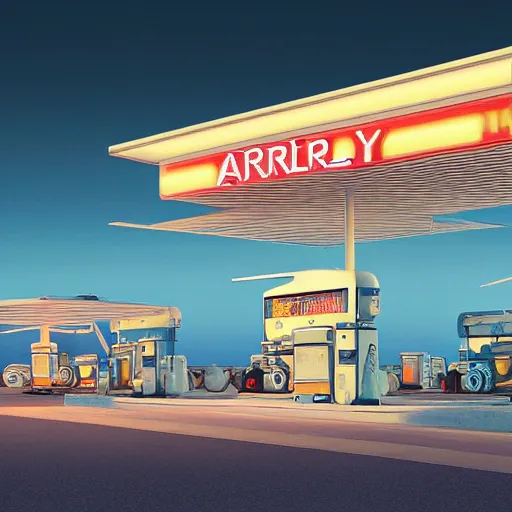 Prompt: 3 d render of syd mead artlilery scifi gas station with ornate metal work lands on a farm, filigree ornaments, volumetric lights, simon stalenhag