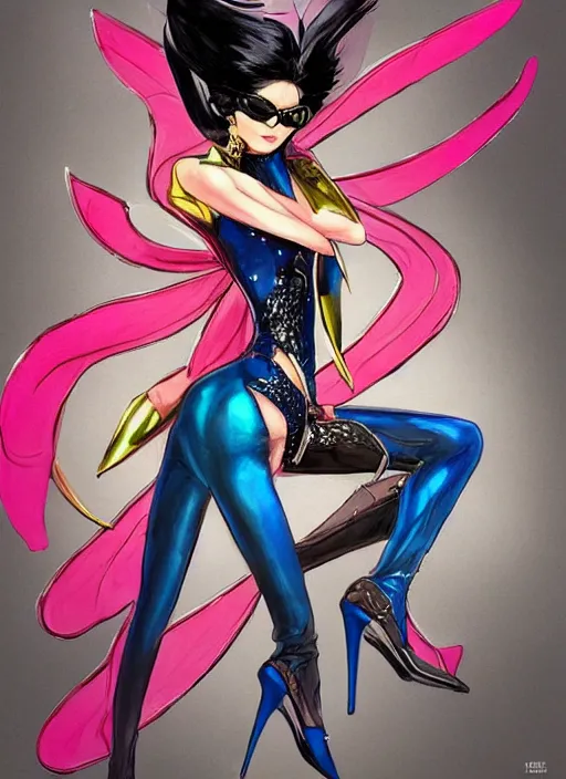 Image similar to An epic concept art of high heels of bayonetta, cell shading, by Moebius, hiroshi yoshida, Druillet, colorfull, vivid colors, artstation