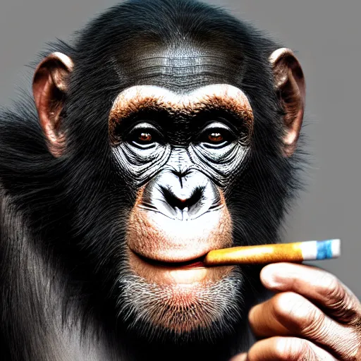 Image similar to a high detail photo of donald trump smoking a cigarrette, subject= chimp, subject detail: extremly detailed, subject action: smoking a cigar, photorealism, dramatic lighting, award winning photograph, trending on artstation