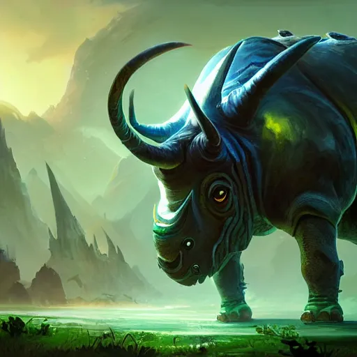 Prompt: a giant glowing rhino beetle, beetle monster, beetle, horned beetle, horned beetle, green theme, bright art masterpiece artstation. 8 k, sharp high quality artwork in style of jose daniel cabrera pena and greg rutkowski, concept art by tooth wu, blizzard warcraft artwork, hearthstone card game artwork, horned beetle