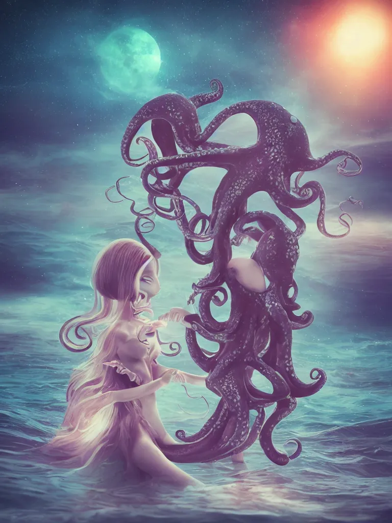 Image similar to cute fumo plush gothic octopus maiden alien girl combing her hair in the waves of the dark galactic abyss, tattered ragged gothic dress, ocean waves and reflective splashing water, ocean simulation, vignette, vray