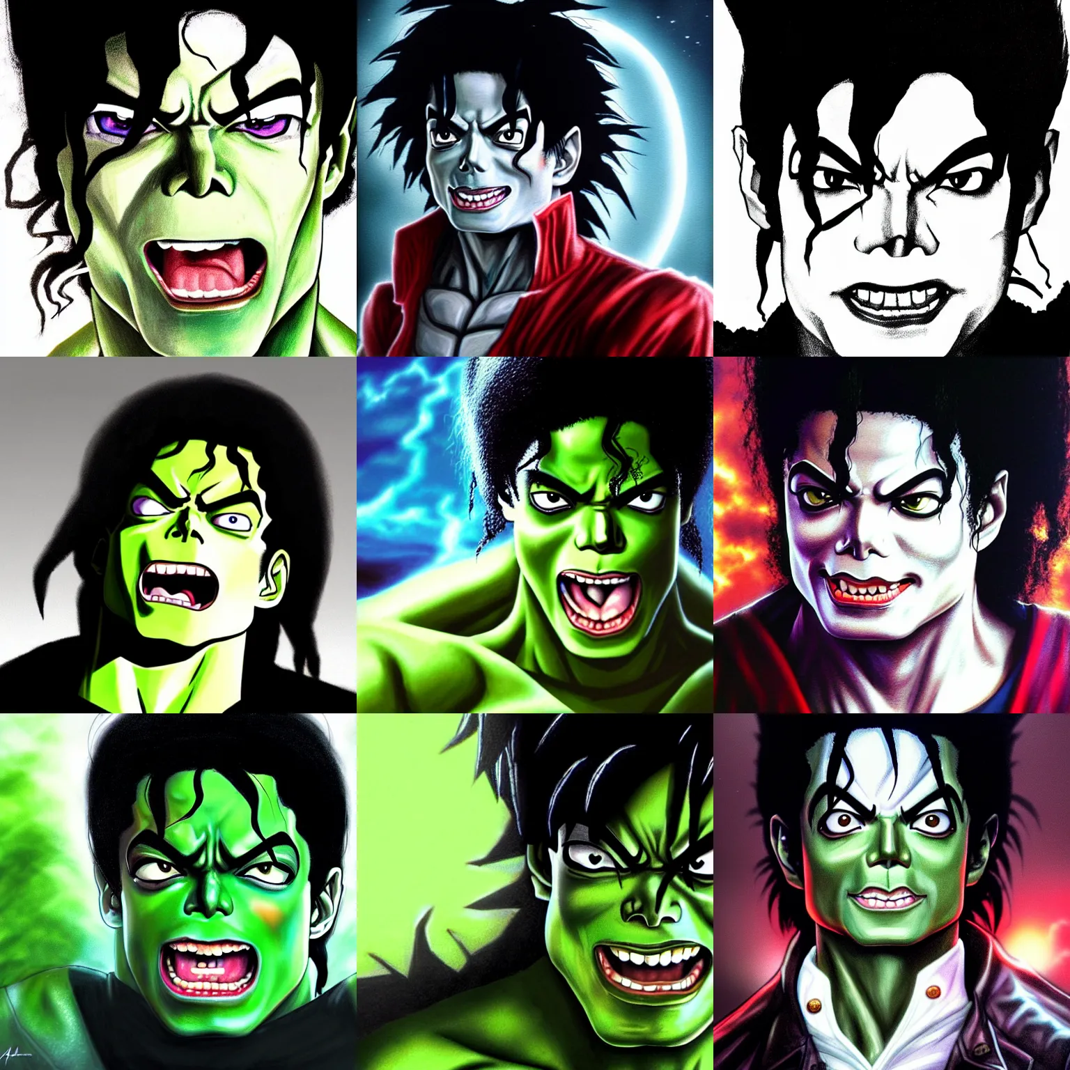 Prompt: michael jackson!!!! realistic dramatic !big face realistic close up concept art of michael jackson hulk as a dragon ball Z character,dark eye sockets, graveyard landscape at night , 4k anime character illustration by akira toriyama, artstation