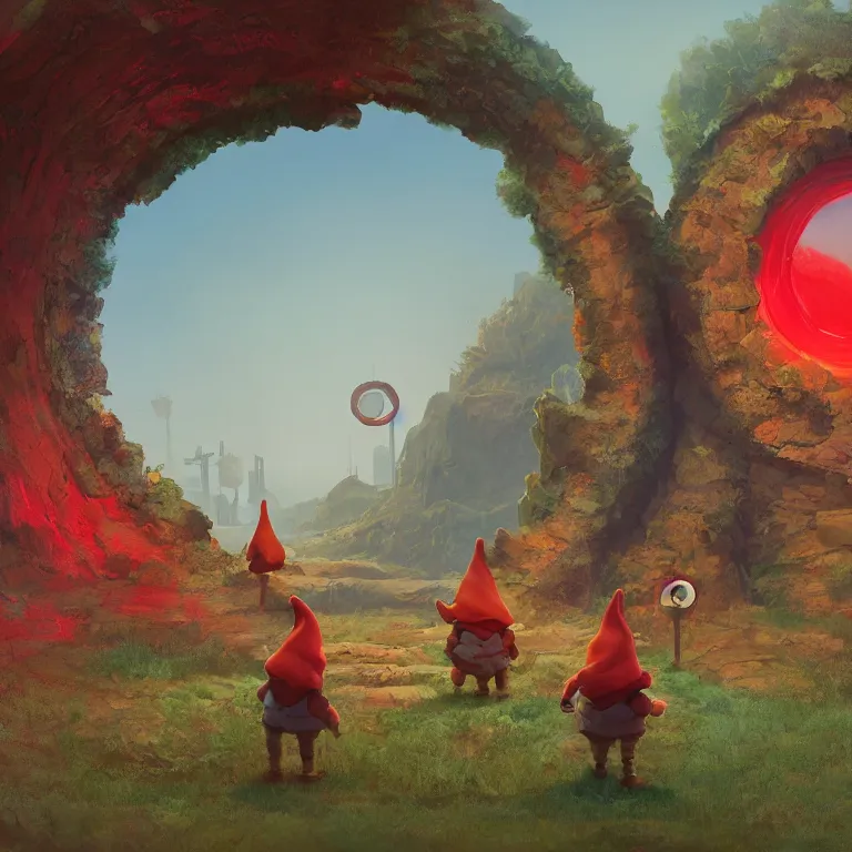 Image similar to two gnomes standing in front of a circular portal, open to a red world. Detailed digital matte painting in the style of simon stalenhag