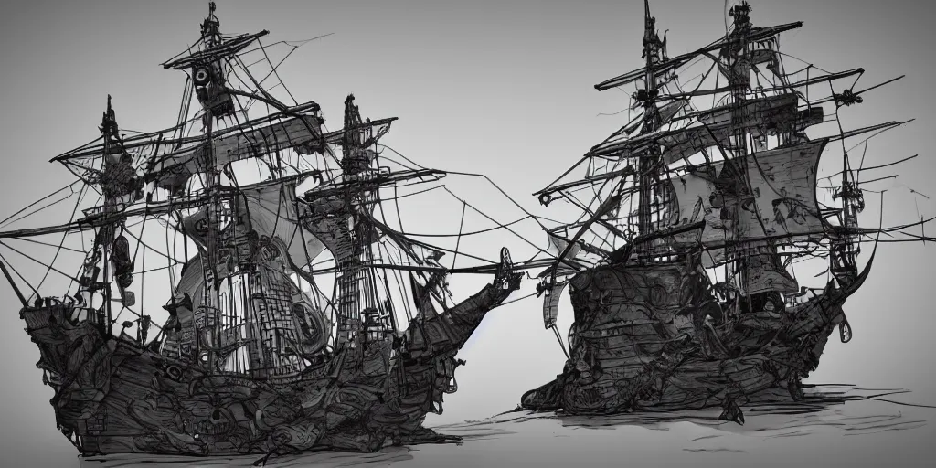 Prompt: a pirate ship, clean line art, drawing, sketching, kitbash 3 d, art by hebron ppg
