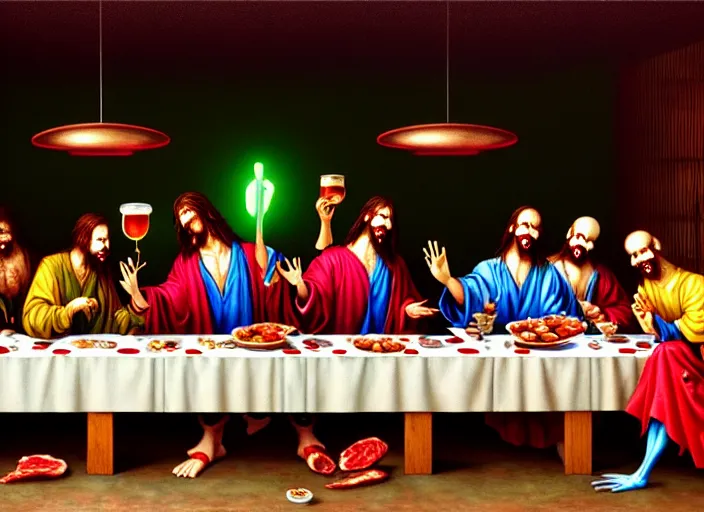 Prompt: hyper realistic detailed image of last supper compositon sad chad pepe the frog and vampire clown couple in old restaurant with raw meat dishes and various drinks, by ayami kojima, amano, beeple, greg hildebrandt, and mark brooks, mystical, rich deep colors, cinematic light, long cinematic shot, extremely detailed, very coherent symmetrical artwork, 8 k