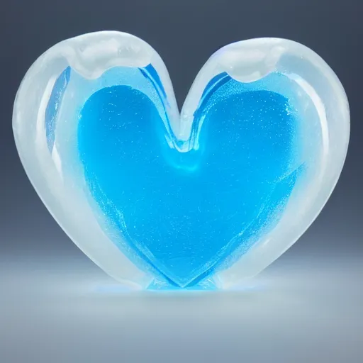Prompt: a very beautiful human heart shaped glass sculpture made of icy snowy frosted glass with light blue white tint. studio lighting, high resolution, high quality, very detailed, medical depiction, scientific