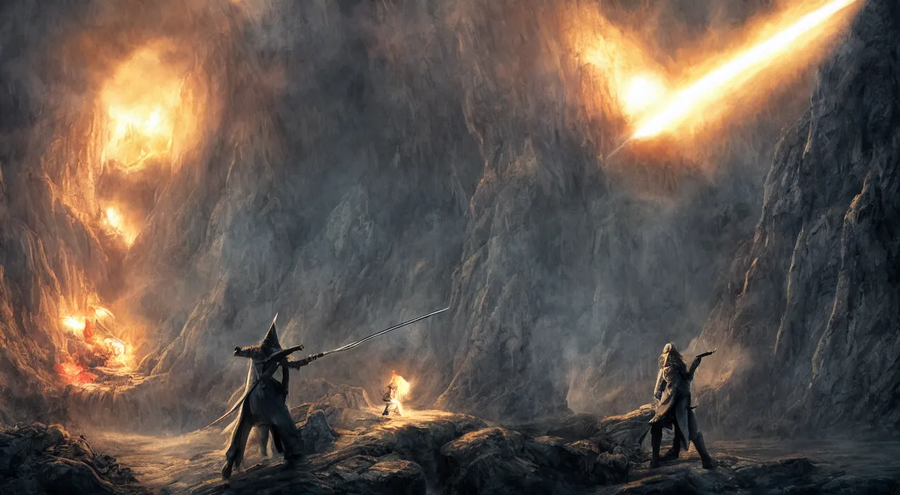 Image similar to gandalf shooting a balrog with a rocket launcher on the bridge of khazad dum, dark, fiery, mines of moria, lord of the rings aesthetic, in style of alan lee, cinematic, cinematic lighting, octane render, highly detailed