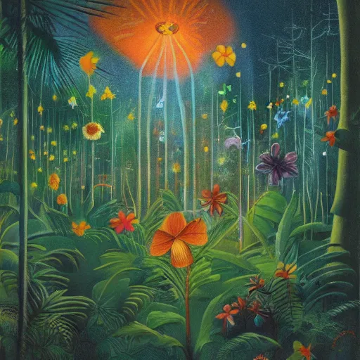 Image similar to an enchanted forest full of tropical flowers and fireflies, by agnes lawrence pelton