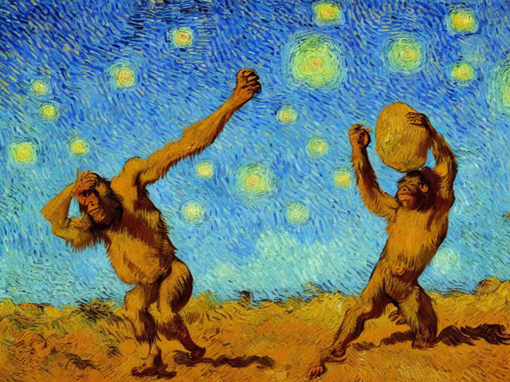 Prompt: bright beautiful oil painting of a primitive ape throwing a rock in kalahari desert, light scatter, van gogh