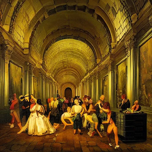 Image similar to underground tunnels inhabited by chubby white businessmen, mechanical computers, lights and switches, portal to the dreamworld, baroque oil painting