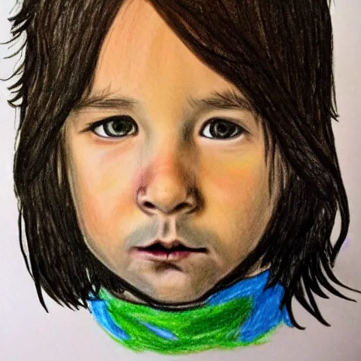 Prompt: infant drawing of keanu reeves, crayons, drawn by a young child, hanging on my fridge