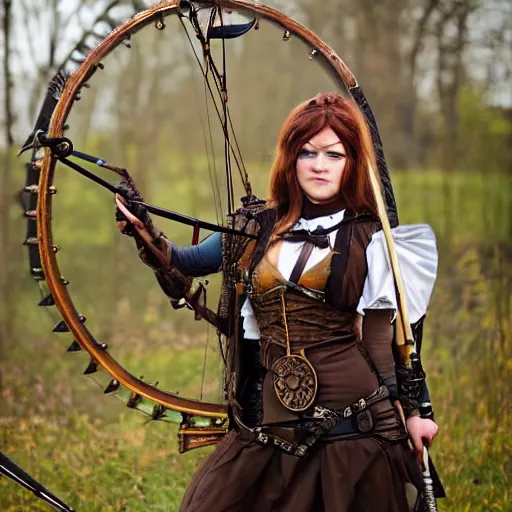 Prompt: photo of a female steampunk archer