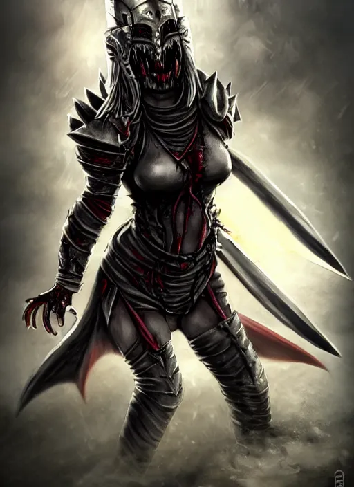 Image similar to female vampire warrior, full body portrait, sharp teeth, grinning, muscular, flying, barefoot, no shoes, exposed feet, black full plate armor, historical armor, realistic armor, covered chest, metal mask, giant two - handed sword dripping blood, realistic, dungeons and dragons.