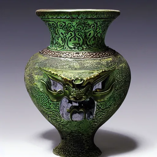 Image similar to vase in the shape of a dragon with green accents designed by leonardo da vinci