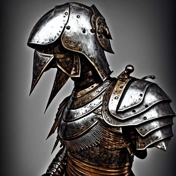 Image similar to digital art of a warrior headless, akephaloi, head in the body, with metal themed fantasy epic armour, highly detailed, hdr, smooth, sharp focus, high resolution, award - winning photo