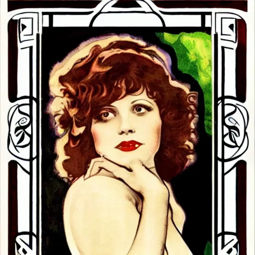 Prompt: clara bow, mucha style, art nouveau, art deco,