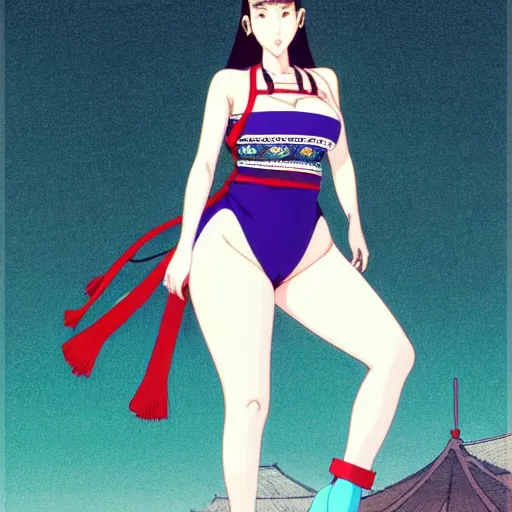 Prompt: a beautiful plus sized model japanese natalie portman, alluring plus sized model, wearing mayan leotard with elegant mayan apron overalls, street fashion hip hop style with mayan patterns, aztec street fashion, gapmoe yandere grimdark, trending on pixiv fanbox, painted by greg rutkowski makoto shinkai takashi takeuchi studio ghibli, akihiko yoshida