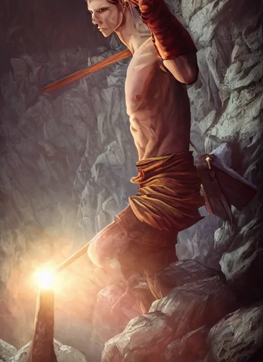 Prompt: an epic fantasy comic book style portrait painting of a skinny, lean and cruel man with a cudgel who bosses around children in a cave, unreal 5, daz, hyperrealistic, octane render, cosplay, rpg portrait, dynamic lighting