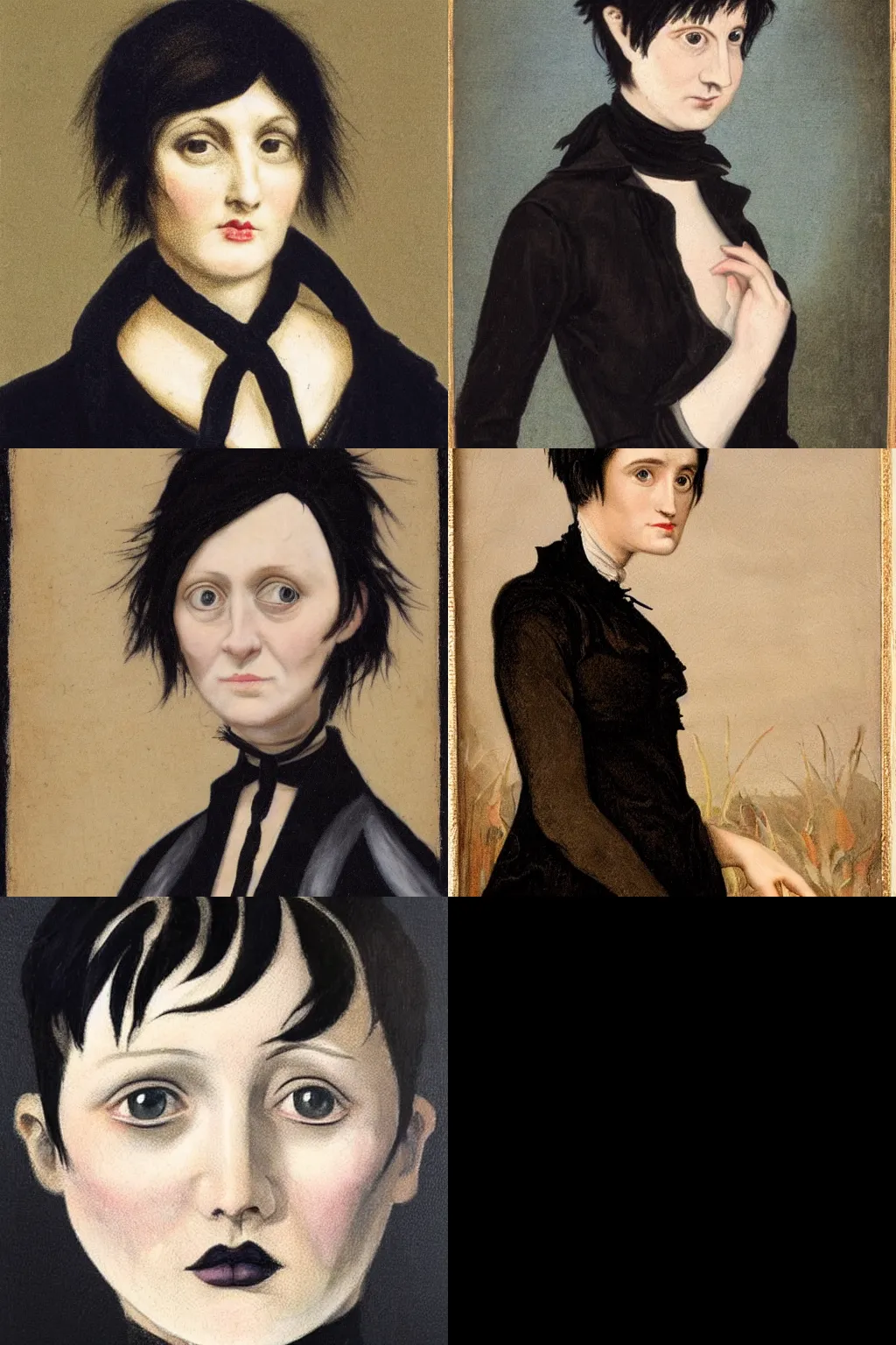 Prompt: a goth painted by mary anning. her hair is dark brown and cut into a short, messy pixie cut. she has a slightly rounded face, with a pointed chin, large entirely - black eyes, and a small nose. she is wearing a black tank top, a black leather jacket, a black knee - length skirt, and a black choker.