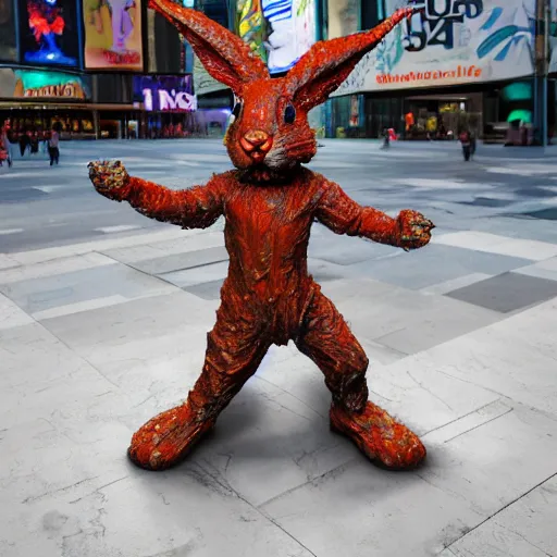 Prompt: a realistic sculpture made out of jelly of a very scary bunny with sharp teeth made by michelangelo, standing in times square, 3 d render, hyper detailed, sharp focus, 8 k resolution