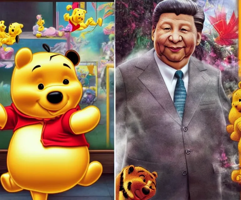 Prompt: hyperrealism movie still photography of real detailed high xi jinping with detailed face with high winnie the pooh marijuana dmt lsd ecstacy cocaine hyperrealism photography by araki nobuyoshi