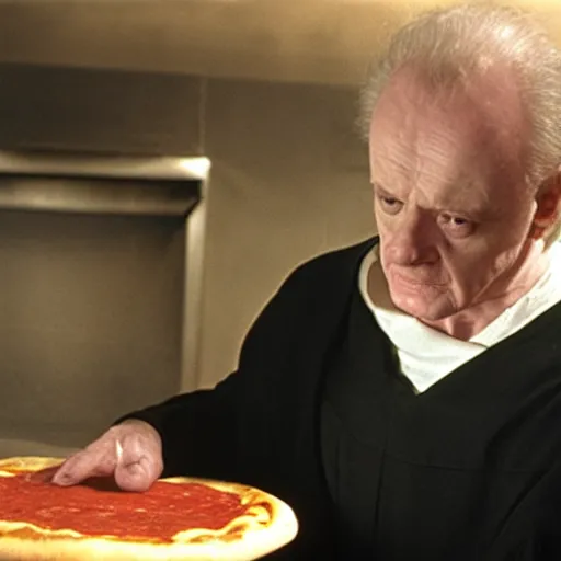 Prompt: A still of Ian McDiarmid as Palpatine making a pizza, 4k, photograph, ultra realistic, highly detailed, professional lighting