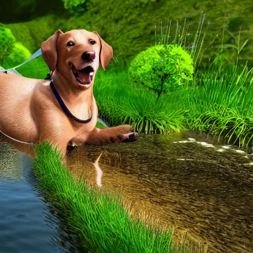 Image similar to dog in a river ultra - realistic with green flower