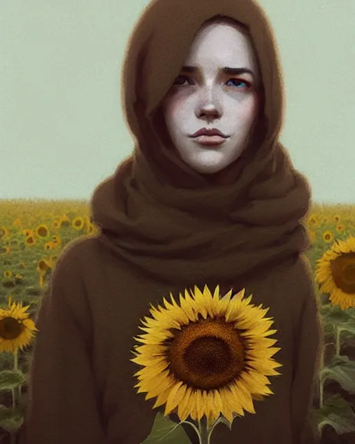 Prompt: cottagecore hyper - realistic portrait of a woman, sunflowers, by atey ghailan, by greg rutkowski, by greg tocchini, by james gilleard, by joe fenton, by kaethe butcher, dynamic lighting, gradient light yellow, brown, blonde cream and white color scheme, grunge aesthetic