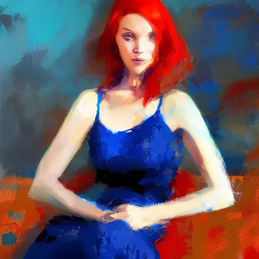 Prompt: a beautiful red hair girl, blue dress, detailed, colourful glass in background, oil painting, hd by craig mullins _ h 7 0 4