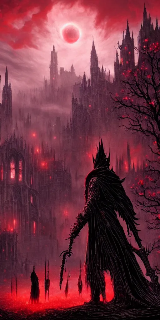 Image similar to populated bloodborne old valley with a dark person at the centre and a ruined gothic city in the background, trees and stars in the background, falling red petals, epic red - orange moonlight, perfect lightning, wallpaper illustration by niko delort and kentaro miura, 4 k, ultra realistic, upscaled