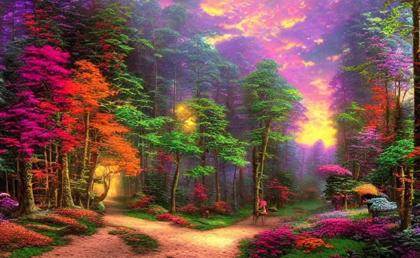 Prompt: psychedelic candy!!!! forest by thomas kinkade, matte painting!!!!!!!!, intricate details!, fine brush!!!!!!