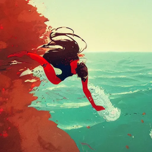 Image similar to a ultradetailed beautiful panting of a woman diving into the ocean, by conrad roset, greg rutkowski and makoto shinkai, trending on artstation