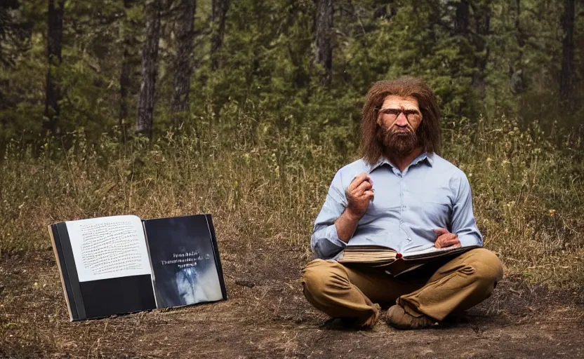 Image similar to made a portrait of neanderthal read science book about him in middle of nowhere, perfect dynamic posture, perfect dynamic pose, perfect dynamic form, pinterest, perfect dynamic position, award winning photo by national geographic, and pulittzer winner, bokeh, reduce duplication interference