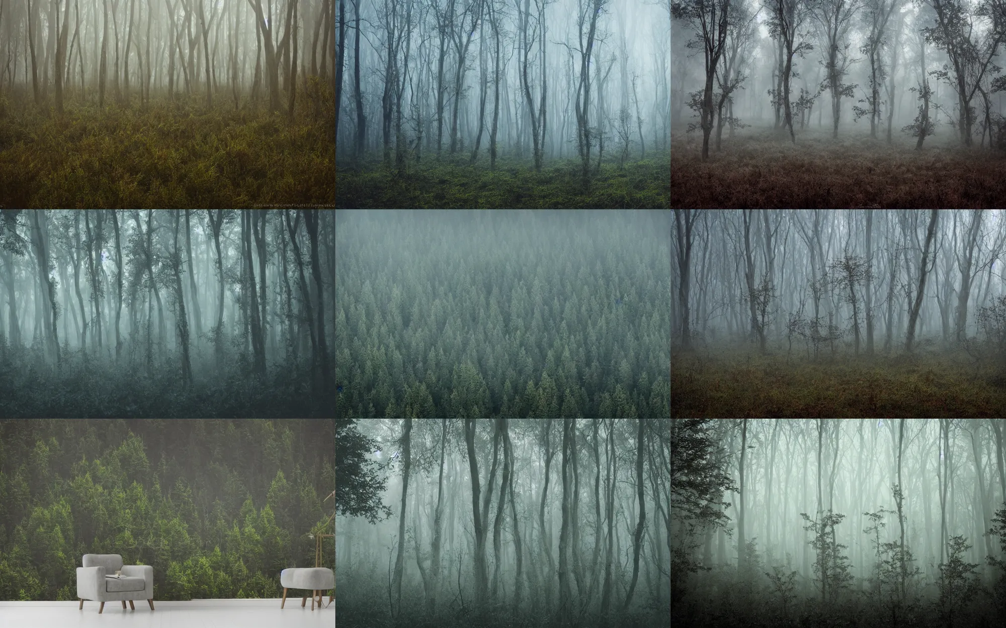 Prompt: alien planet landscape wild drnse foggy forest, intricate detail