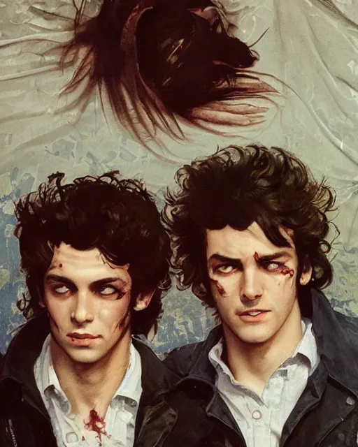 Image similar to two handsome but sinister young men in layers of fear, with haunted eyes and wild hair, 1 9 7 0 s, seventies, wallpaper, a little blood, moonlight showing injuries, delicate embellishments, painterly, offset printing technique, by coby whitmore