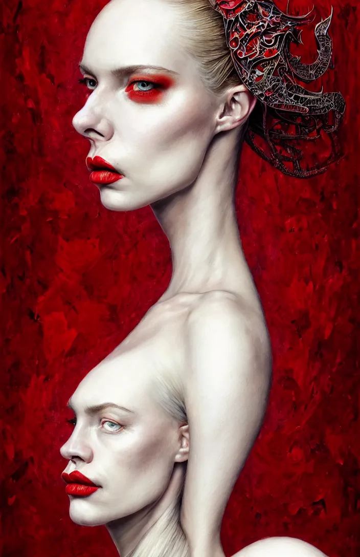 Image similar to epic professional portrait of gorgeous thin white woman, perfect face, armoured red dress, painted, intricate, detailed, by leesha hannigan, wayne haag, reyna rochin, ignacio fernandez rios, mark ryden, iris van herpen, artstation, cgsociety, epic, stunning, gorgeous, much wow.